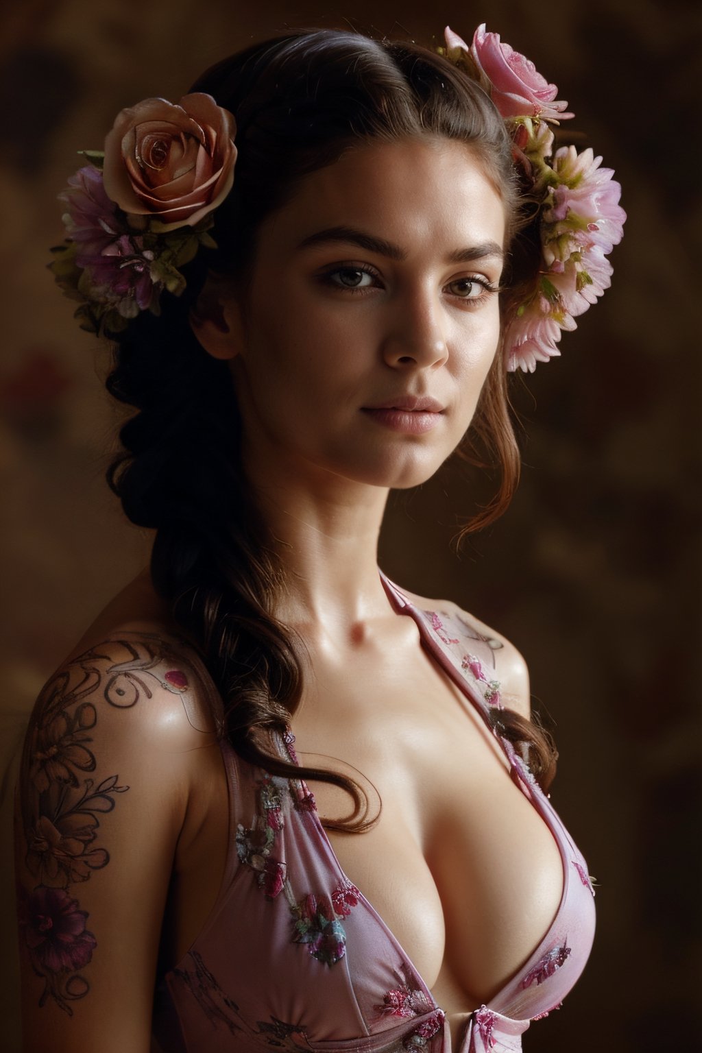 portrait,woman, flower dress, colorful, darl background,flower armor, good anatomy, best quality, (((masterpiece))), high quality, realist, best detailed, details, realist skin, skin detailed, underboobs, tatoos,art ,Game of Thrones