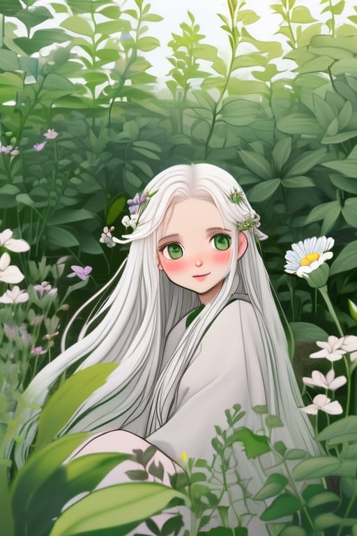 1girl with long white hair sitting in a field of green plants and flowers, 