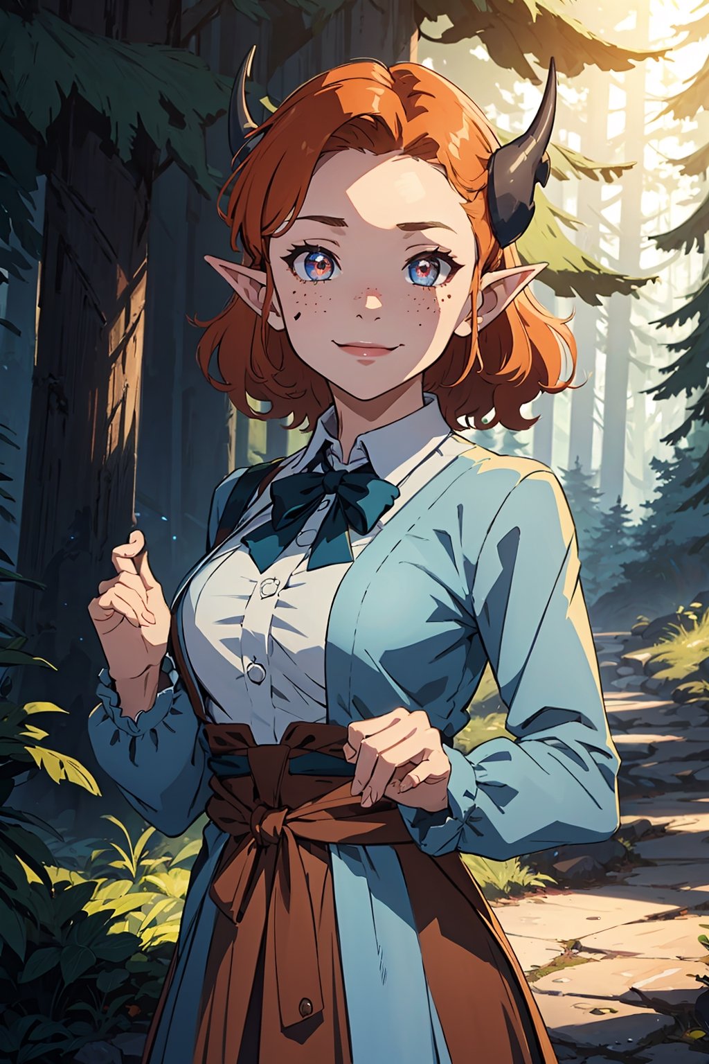 Imagine a female child with short fluffy and messy curly bright orange hair. She has small breasts and is a lolita. Her eyes are a bright shade of green, sparkling with intricate detail and a hit on magic. She has pointed elf ears. She has two short horns on her head. She has an evil smile on her face that shows she's up to no good. She has warm freckles on her face. She wears a white button up long sleeve top and a long purple skirt and long green trench coat with lots of pockets. She is practicing magic that sparkles around her. The background is a charming forest path in the enchanted woods with bright lighting, creating a magical ambiance. This artwork captures the essence of mischief and magic against the backdrop of a beautiful setting. detailed, detail_eyes, detailed_hair, detailed_scenario, detailed_hands, detailed_background, vox machina style