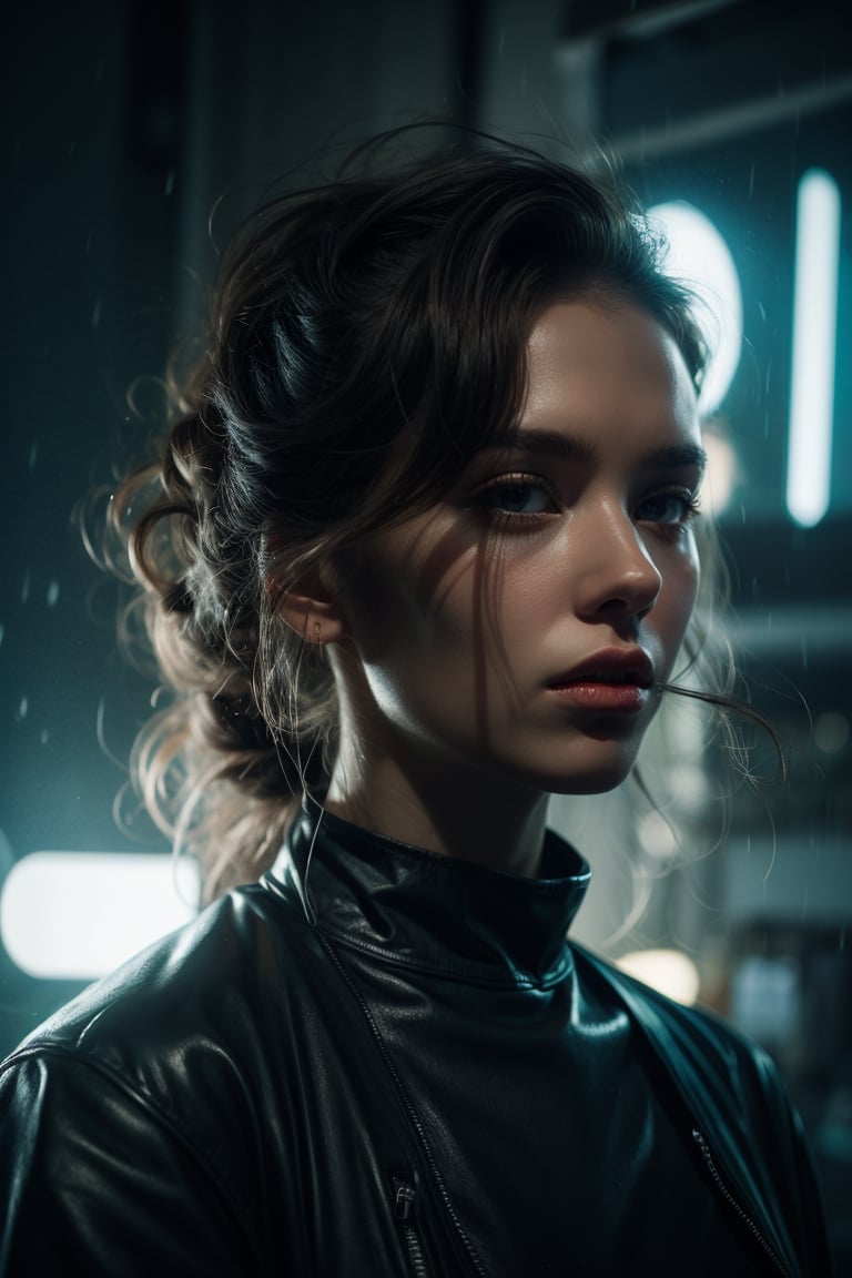 A detailed portrait of European Pretty Young Girl Storm Rain movie Jacket coat, Futuristic sci-fi fashion, royal attire by Ismail inceoglu dragan bibin hans thoma greg Rutkowski Alexandros Pyromallis Nekro Rene Magritte illustrated Perfect face, sharp chine, fine details, realistic shaded, fine-face, pretty face cyberpunk, neotokyo, synthwave, aesthetics, futuristic, low-emission-neon, bladerunner movie scene,1