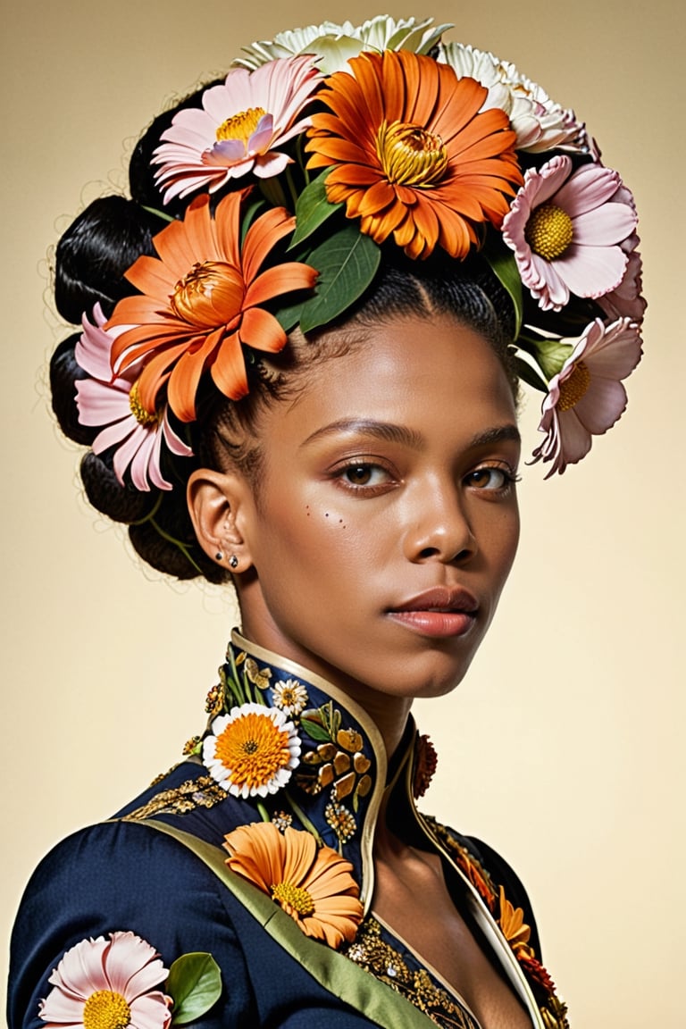 A random person with a head that is made of flowers, photo by James C. Leyendecker, Afrofuturism, studio portrait, dynamic pose, national geographic photo, retrofuturism, biomorphic, photo r3al