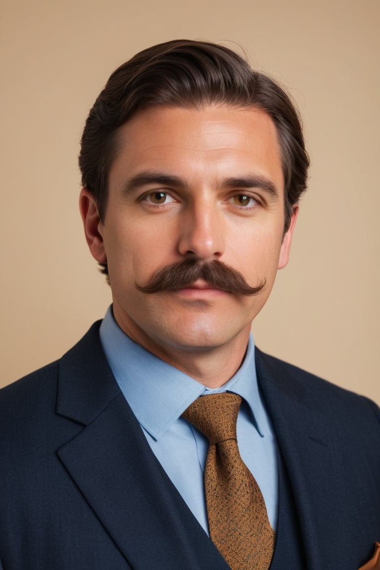 Photo of a man with a mustache and a suit, plain background, portrait style