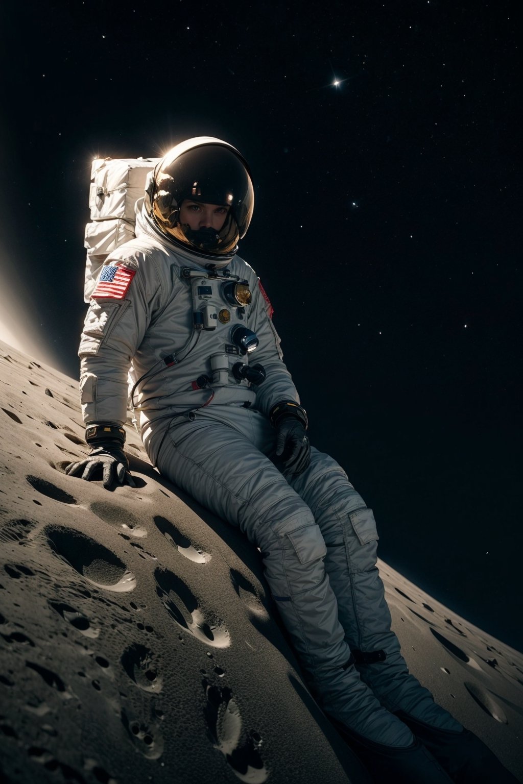 Full body photograph of an astronaut, fully suited up and helmeted, gazing out at the Earth from the surface of the moon, with the blackness of space as a backdrop, cinematic, masterpiece, best quality, high resolution