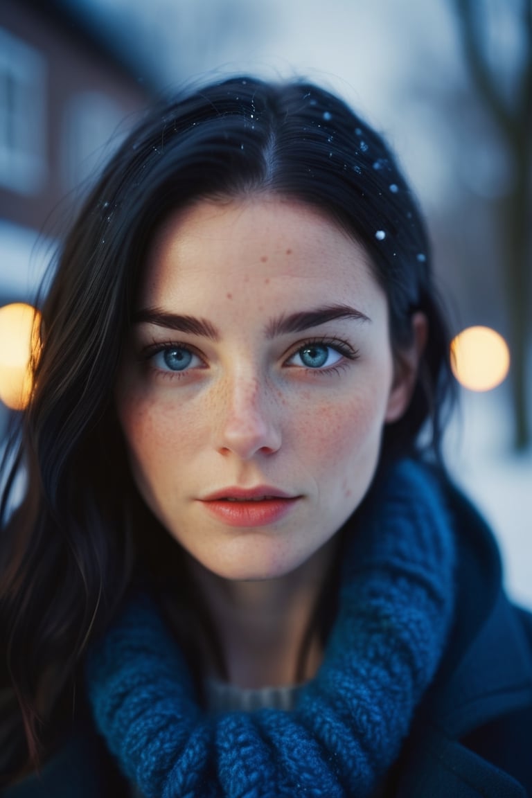 cinematic photo (art by Mathias Goeritz:0.9), photograph, Lush Girlfriend, Tax collector, Rich dark blue hair, Winter, tilt shift, Horror, specular lighting, film grain, Samsung Galaxy, F/5, (cinematic still:1.2), freckles, 35mm photograph, film, bokeh, professional, 4k, highly detailed