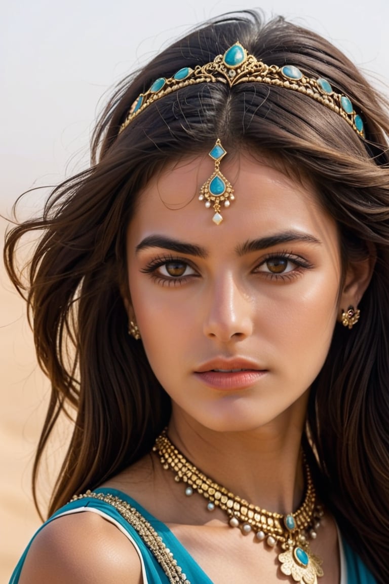 Closeup portrait of 1 Persian princess, royal clothing, makeup, jewelry, wind-blown long hair, symmetric, desert, ((sands, dusty and foggy, sand storm, winds)) bokeh, depth of field, centered, LinkGirl