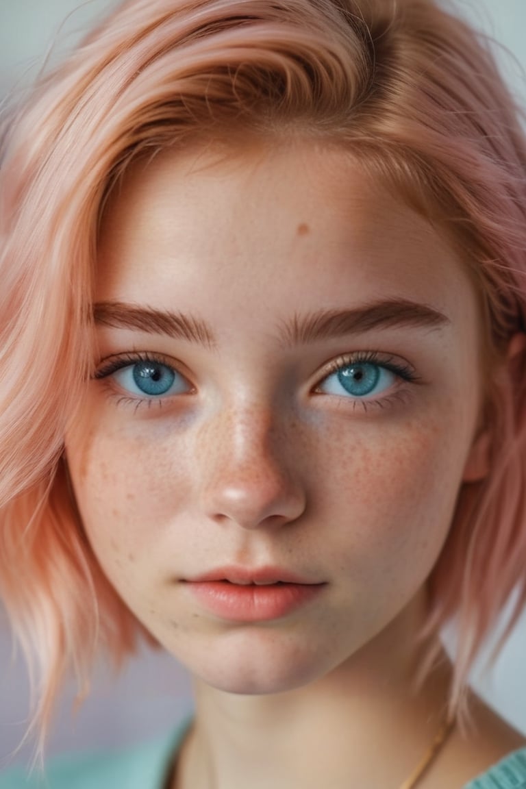 (best_quality), (ultra_detailed), photo of beautiful 18-year-old girl, pastel hair, freckles sexy, beautiful, close up, young, DSLR, 8k, natural skin, textured skin