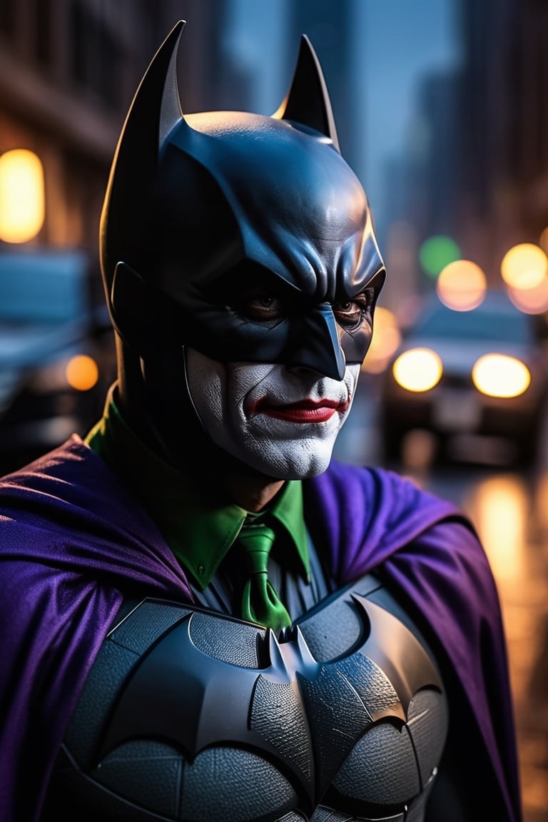 A combination of Batman and Joker, standing in the middle of Gotham city street, photorealistic, depth of field, bokeh, into the dark, deep shadow, cinematic, masterpiece