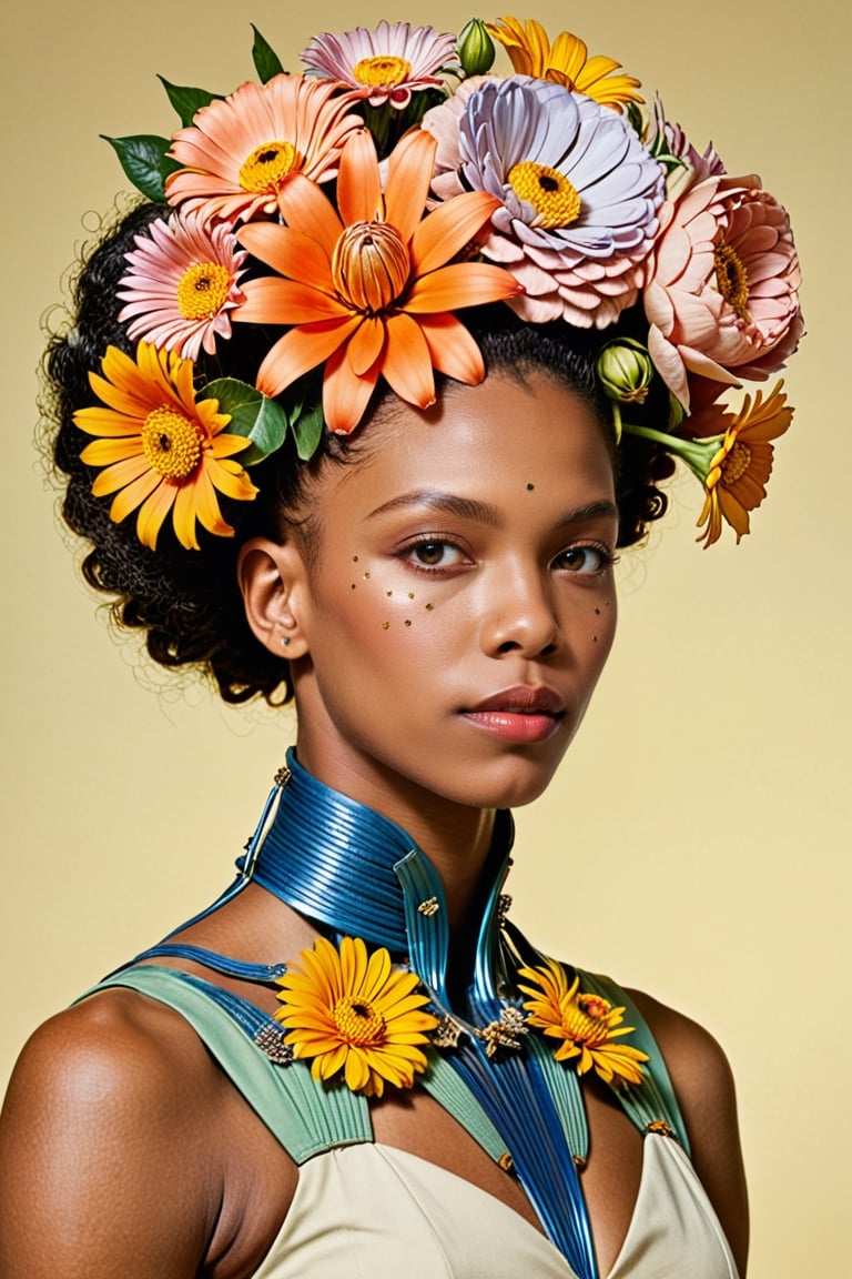 A random person with a head that is made of flowers, photo by James C. Leyendecker, Afrofuturism, studio portrait, dynamic pose, national geographic photo, retrofuturism, biomorphic, photo r3al