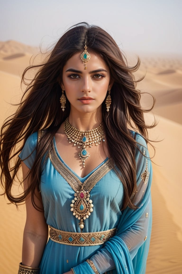 Closeup portrait of 1 Persian princess, royal clothing, makeup, jewelry, wind-blown long hair, symmetric, desert, ((sands, dusty and foggy, sand storm, winds)) bokeh, depth of field, centered, LinkGirl