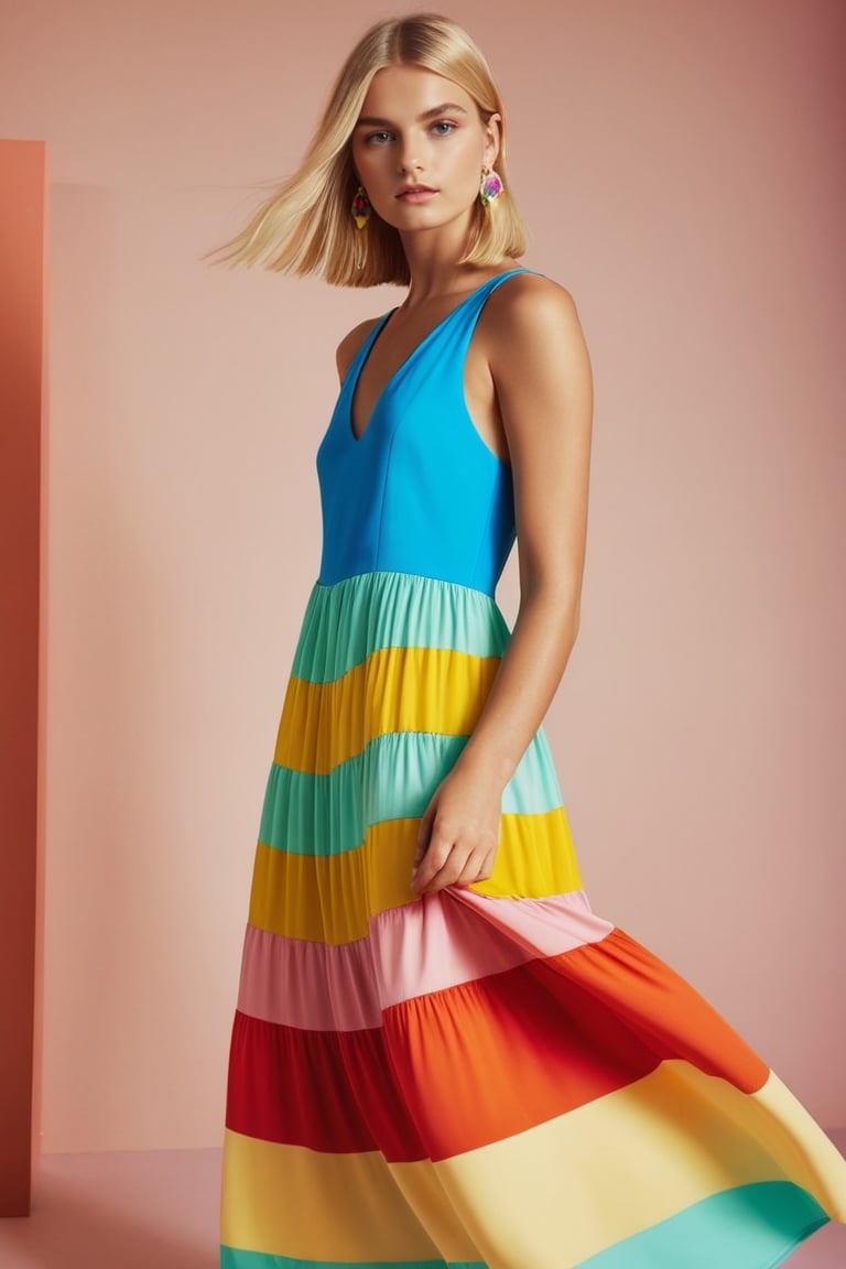 Fashion editorial, a female model with blonde hair, wearing a colorful dress, LinkGirl, photo r3al