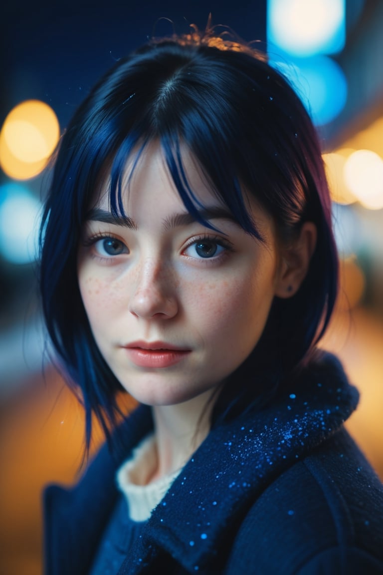 cinematic photo (art by Mathias Goeritz:0.9), photograph, Lush Girlfriend, Tax collector, Rich dark blue hair, Winter, tilt shift, Horror, specular lighting, film grain, Samsung Galaxy, F/5, (cinematic still:1.2), freckles, 35mm photograph, film, bokeh, professional, 4k, highly detailed, photo r3al