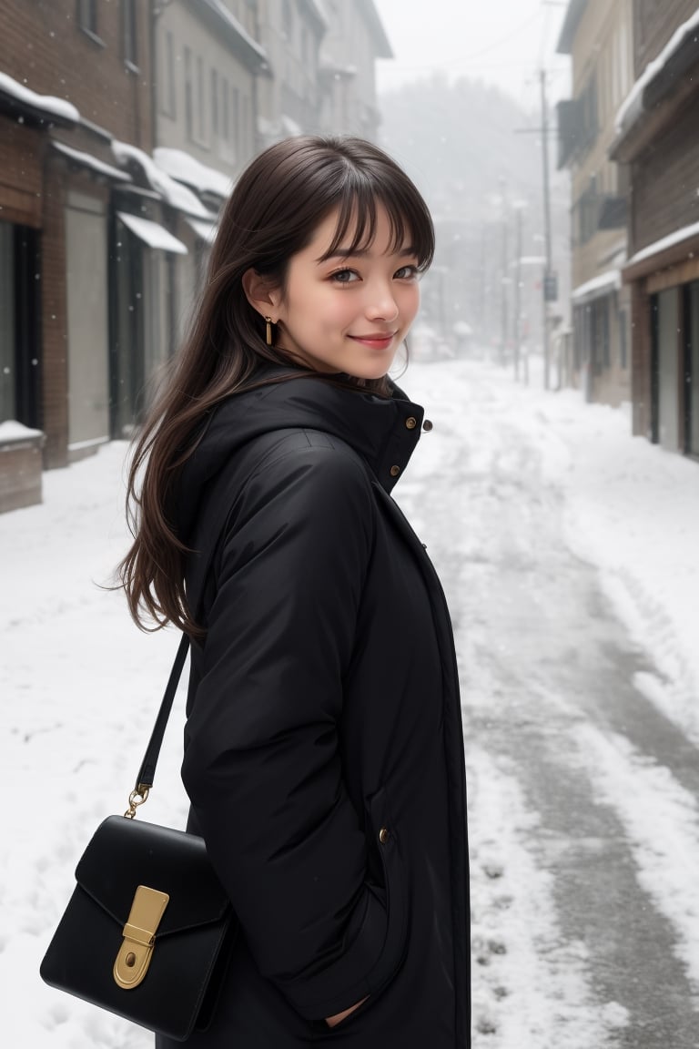 A beautiful and delicate light, (beautiful and delicate eyes), pale skin, big smile, (brown eyes), (black long hair), dreamy, medium chest, woman 1, (front shot), Korean girl, bangs, soft expression, height 170, elegance, bright smile, 8k art photo, realistic concept art, realistic, portrait, necklace, small earrings, handbag, fantasy, jewelry, shyness, skirt, winter parka, scarf, snowy empty street, footprints