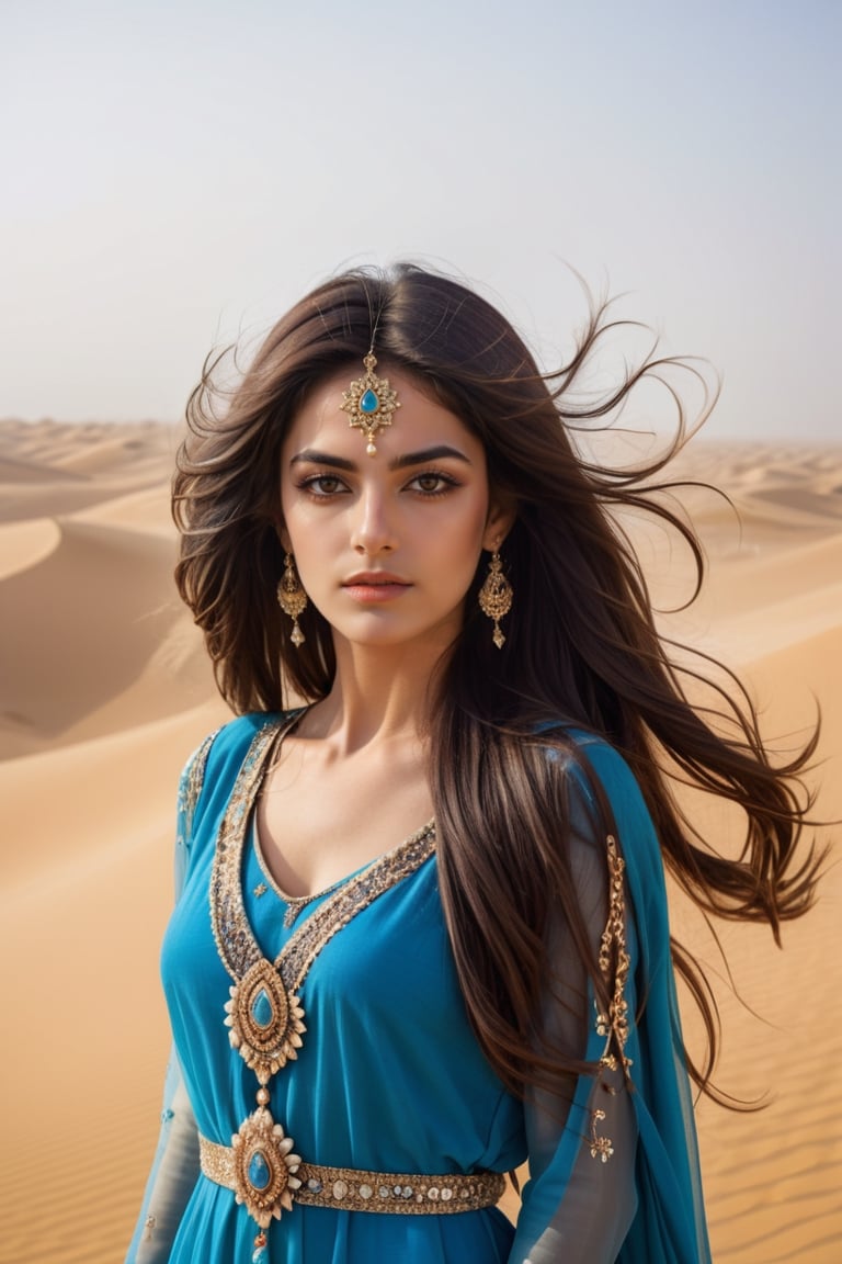 Closeup portrait of 1 Persian princess, royal clothing, makeup, jewelry, wind-blown long hair, symmetric, desert, ((sands, dusty and foggy, sand storm, winds)) bokeh, depth of field, centered, LinkGirl