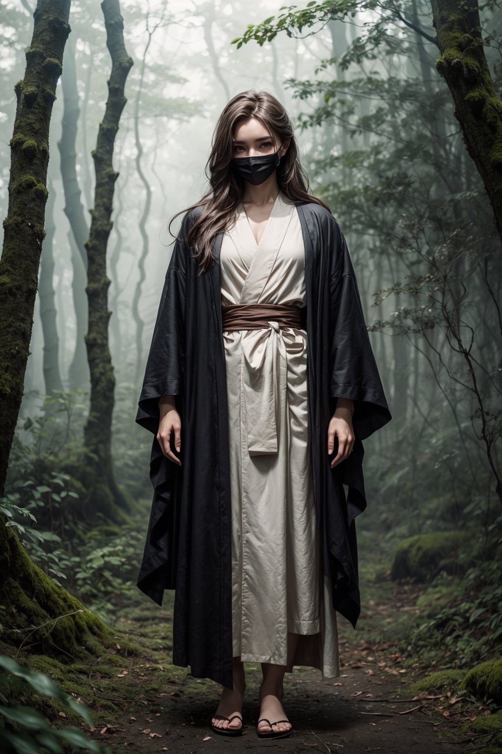 Full body portrait of a person wearing a flowing robe, their face obscured by a mask, standing in a misty forest, with an air of mystery and intrigue, highly detailed, cinematic, masterpiece, best quality, high resolution