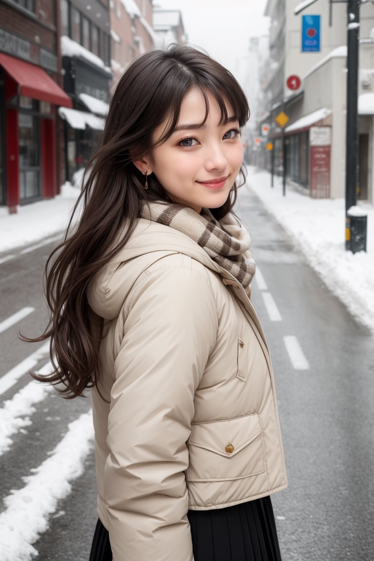 A beautiful and delicate light, (beautiful and delicate eyes), pale skin, big smile, (brown eyes), (black long hair), dreamy, medium chest, woman 1, (front shot), Korean girl, bangs, soft expression, height 170, elegance, bright smile, 8k art photo, realistic concept art, realistic, portrait, necklace, small earrings, handbag, fantasy, jewelry, shyness, skirt, winter parka, scarf, snowy empty street, footprints