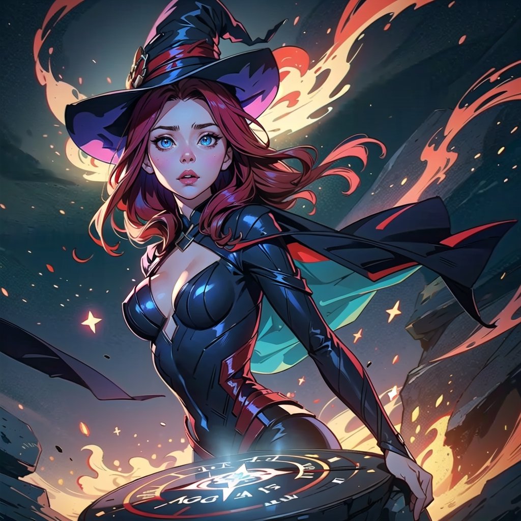 Highest Quality, Elizabeth Olsen's face as Scarlet Witch, Red Shining hair, beautiful fire magic, dynamic pose, head and look and hands toward sky, light particles, light ray, colorful, magic circle, witch hat,  on a floating stone platform, colorful glare, reflection, Dark Fantasy, medium breasts, full lips, bright detailed eyes, hyperdetailed, ultra detailed background,