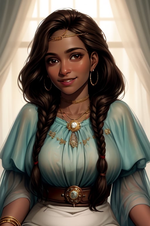 The Zamorian has dark, wavy hair, usually tied in a simple braid. The fawn-brown eyes are quite large and you can clearly see the joy of life in them. Her pretty face and light brown skin are even. 
She wears not mich clothes but . Bracelets, anklets, chokers, rings, earrings, face chains, veils.  A Belly ring.And a belt that was hung with countless coins