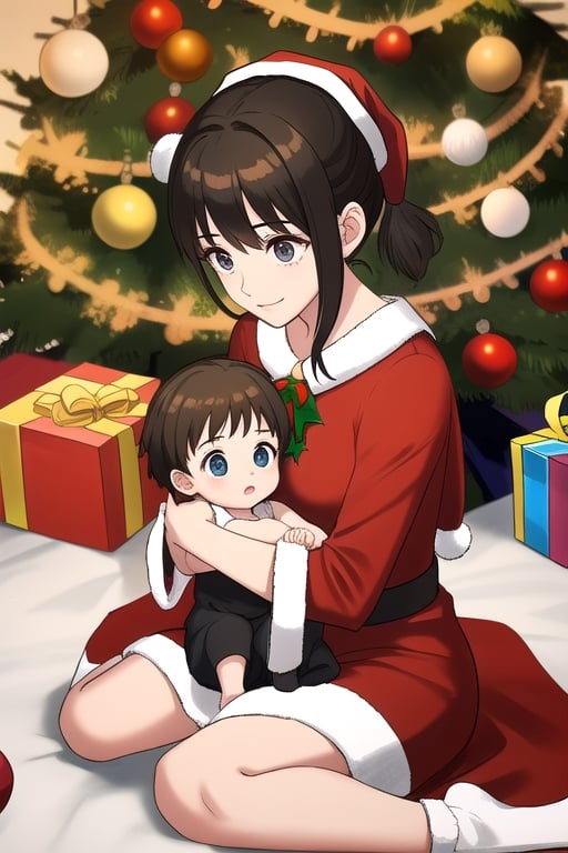 Little baby sits with Vather and Mother under the Christmas tree
