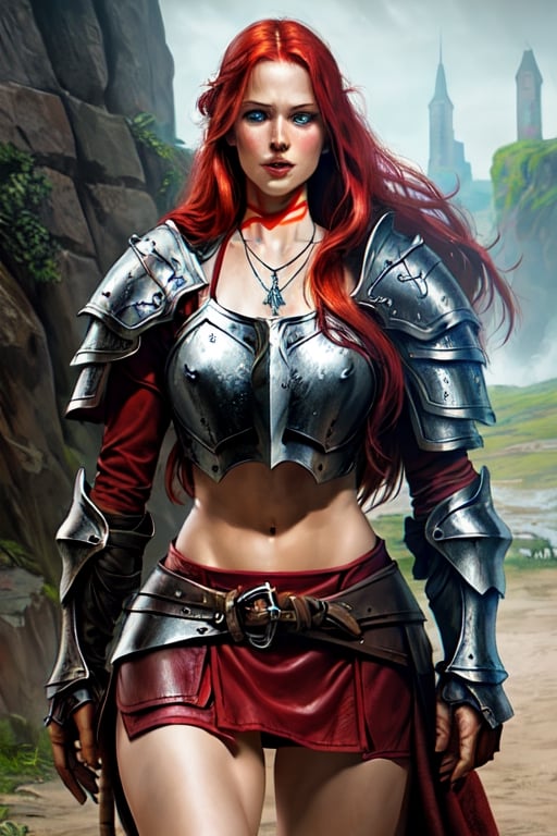 viking girl,  20 years, wild blue eyes, red long hair, feminie body, full lips, necklace, leather armor, middle age