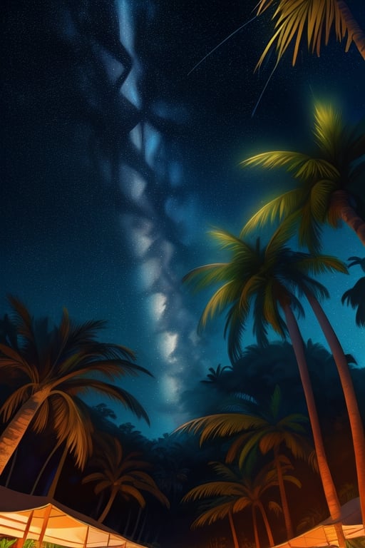 Starry sky at night under palm trees in the jungle, drawn
