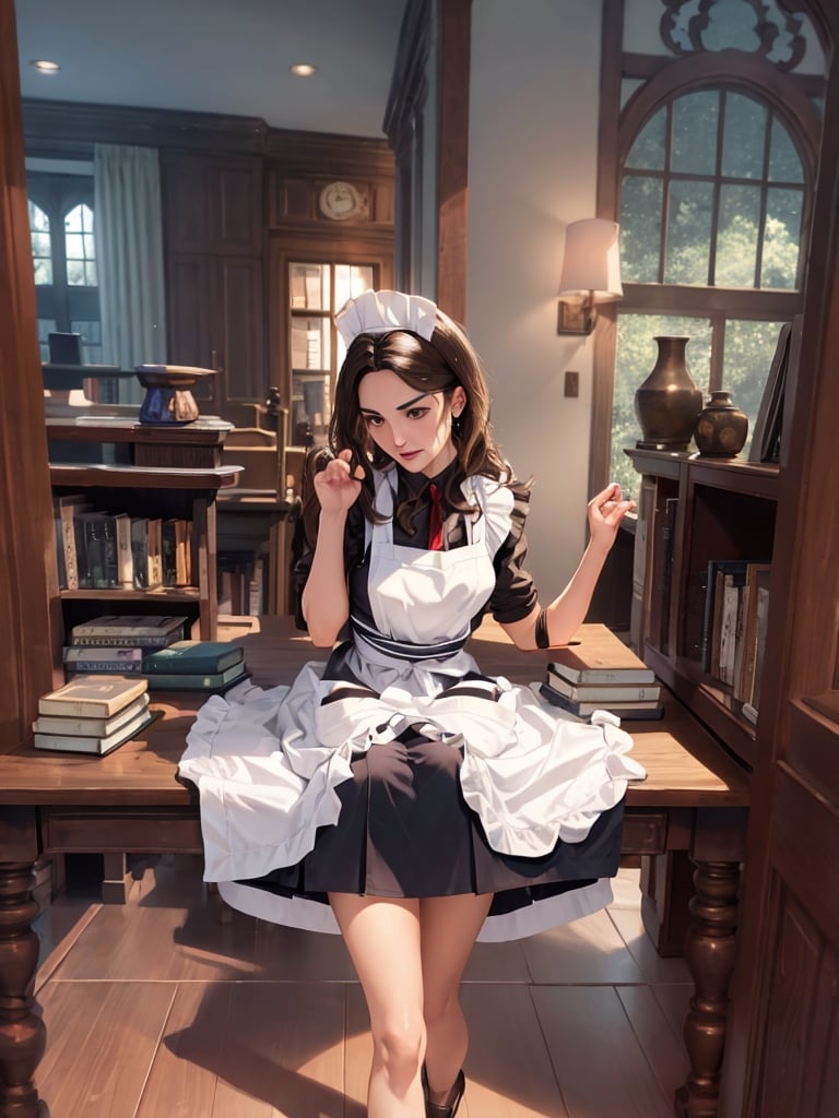 Gal Gadot in maid outfit, sexy pose near bookshelf, library, 1girl, solo, vaginal exposure, maid, black stockings, oily skin, green eyes, apron, indoors, maid tiara, dark brown skin Woman, dark skin, dark red pony hair, looking at viewer, long sleeves, blushing, book, skirt, window, maid apron, hands on chest, long skirt, ultra-refined 8K quality, animated character,