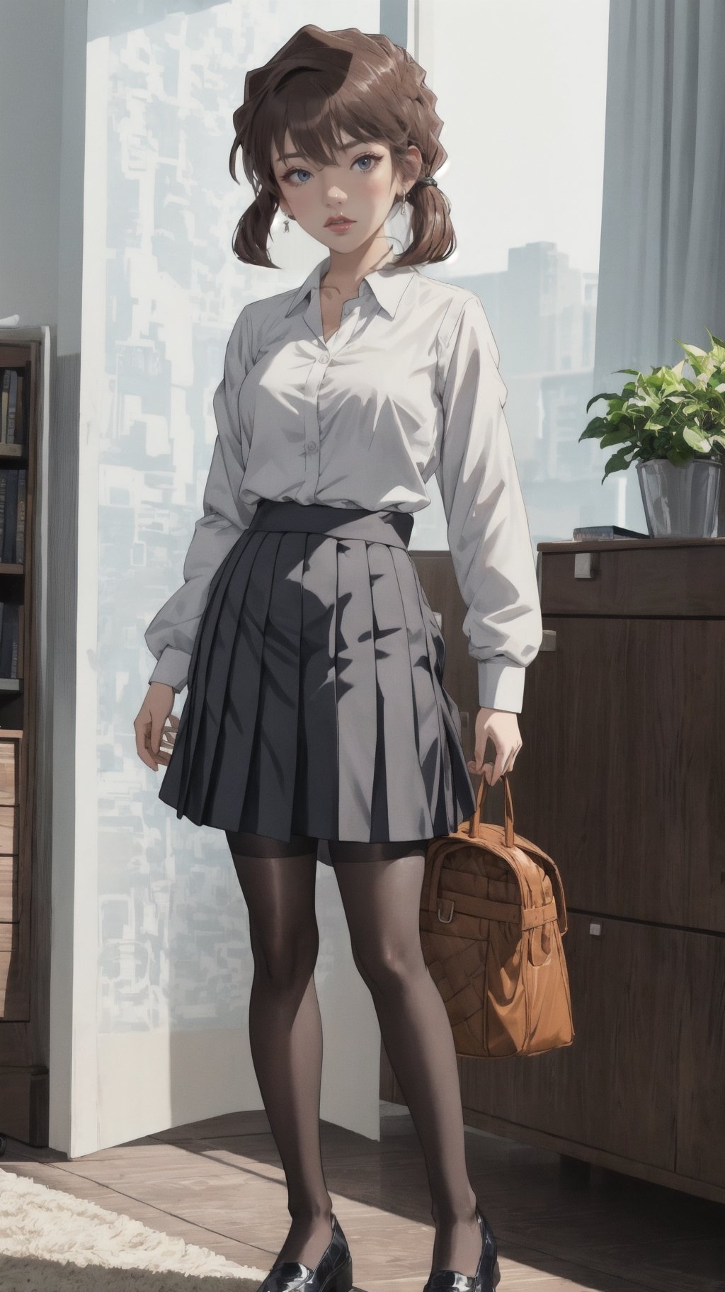 //quality and character
masterpiece, best quality, ultra-detailed, beautiful detailed,4k, highres, ultla detailed, absurdres, BREAK

//Character
a girl in uniform posing near window in house-style living room, 
1girl, solo, bag, pantyhose, twintails, skirt, black hair, necktie, black footwear, looking at viewer, school uniform, grey skirt, jacket, shoes, loafers, full body, 
open mouth, pleated skirt, black jacket, school bag, standing, black pantyhose, shirt, white shirt, long hair, holding, bangs

//background
 (living:1.2),BREAK