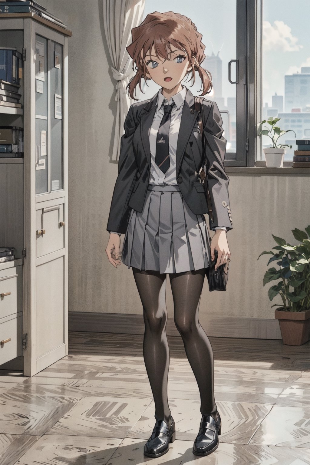 //quality and character
masterpiece, best quality, ultra-detailed, beautiful detailed,4k, highres, ultla detailed, absurdres, BREAK

//Character
a girl in uniform posing near window in house-style living room, 
1girl, solo, bag, pantyhose, twintails, skirt, black hair, necktie, black footwear, looking at viewer, school uniform, grey skirt, jacket, shoes, loafers, full body, 
open mouth, pleated skirt, black jacket, school bag, standing, black pantyhose, shirt, white shirt, long hair, holding, bangs

//background
 (living:1.2),BREAK