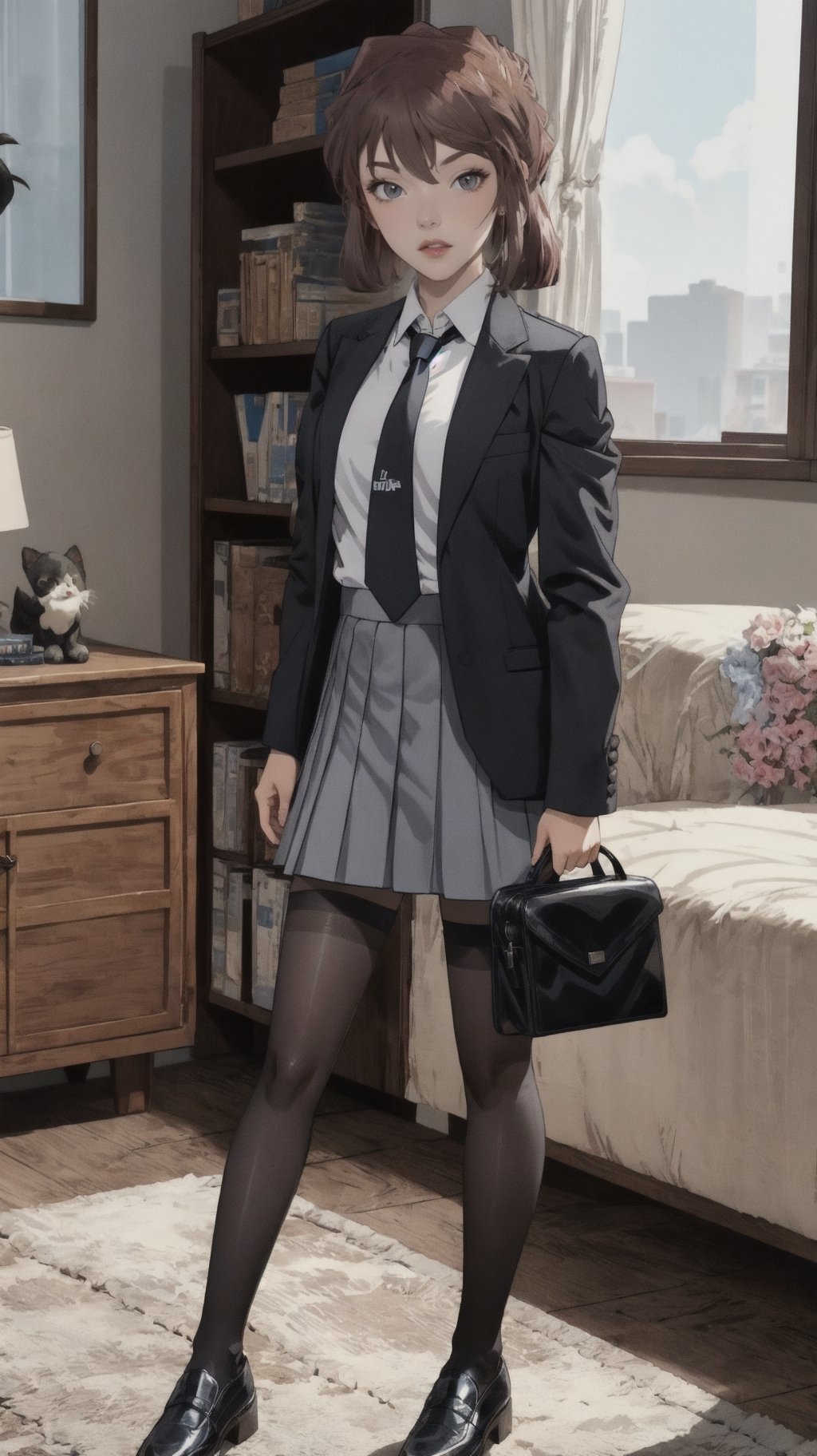 //quality and character
masterpiece, best quality, ultra-detailed, beautiful detailed,4k, highres, ultla detailed, absurdres, BREAK

//Character
a girl in uniform posing near window in house-style living room, 
1girl, solo, bag, pantyhose, twintails, skirt, black hair, necktie, black footwear, looking at viewer, school uniform, grey skirt, jacket, shoes, loafers, full body, 
open mouth, pleated skirt, black jacket, school bag, standing, black pantyhose, shirt, white shirt, long hair, holding, bangs

//background
 (living:1.2),BREAK