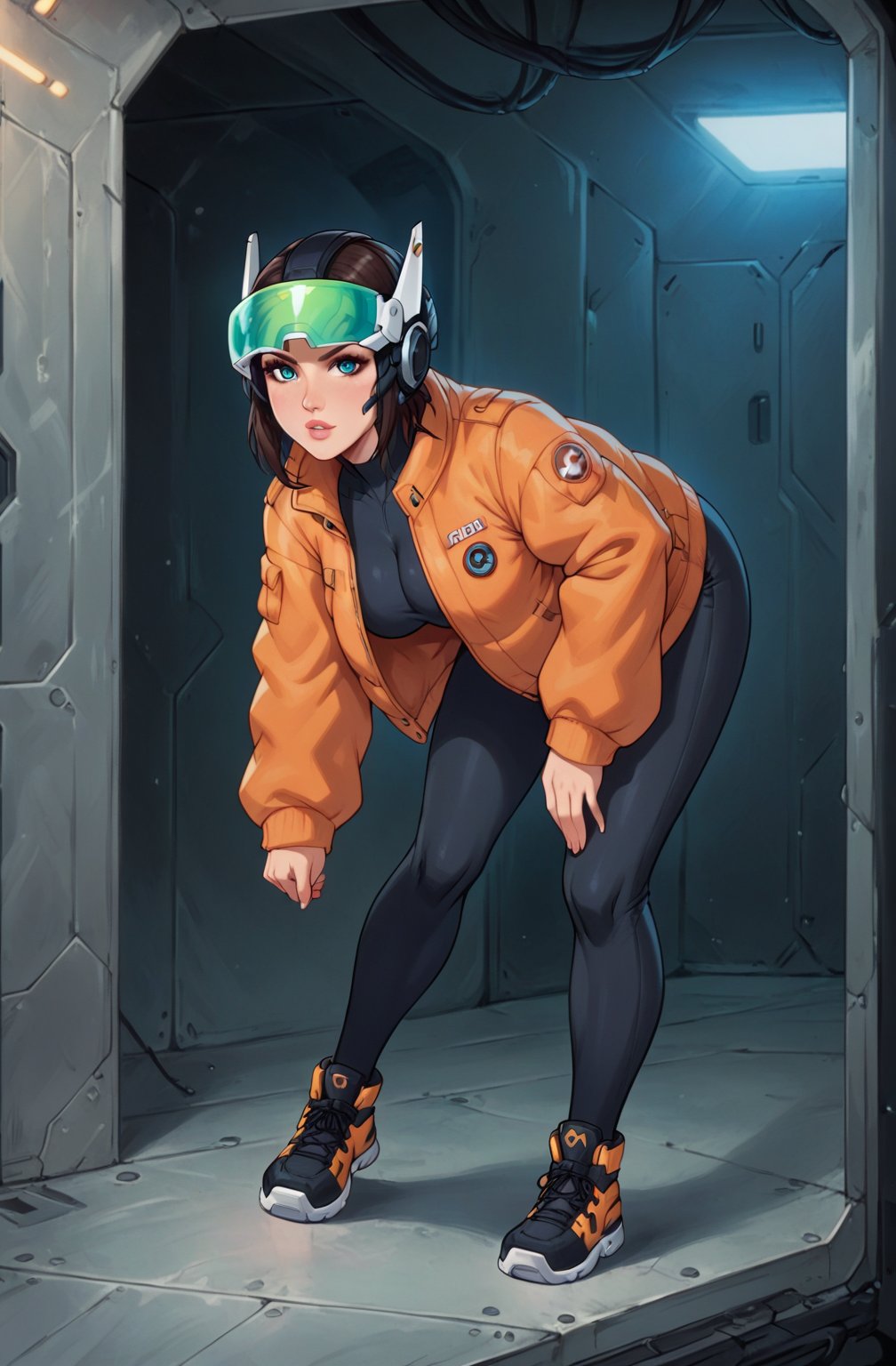 sThe image is a digital illustration of a young woman wearing a futuristic helmet with a large headpiece. The helmet is blue with a green visor and has two large round eyes on the front. The woman is wearing an orange jacket and has a serious expression on her face. She is standing in a room with various objects hanging from the ceiling and shelves in the background. The overall mood of the image is futuristic and futuristic.