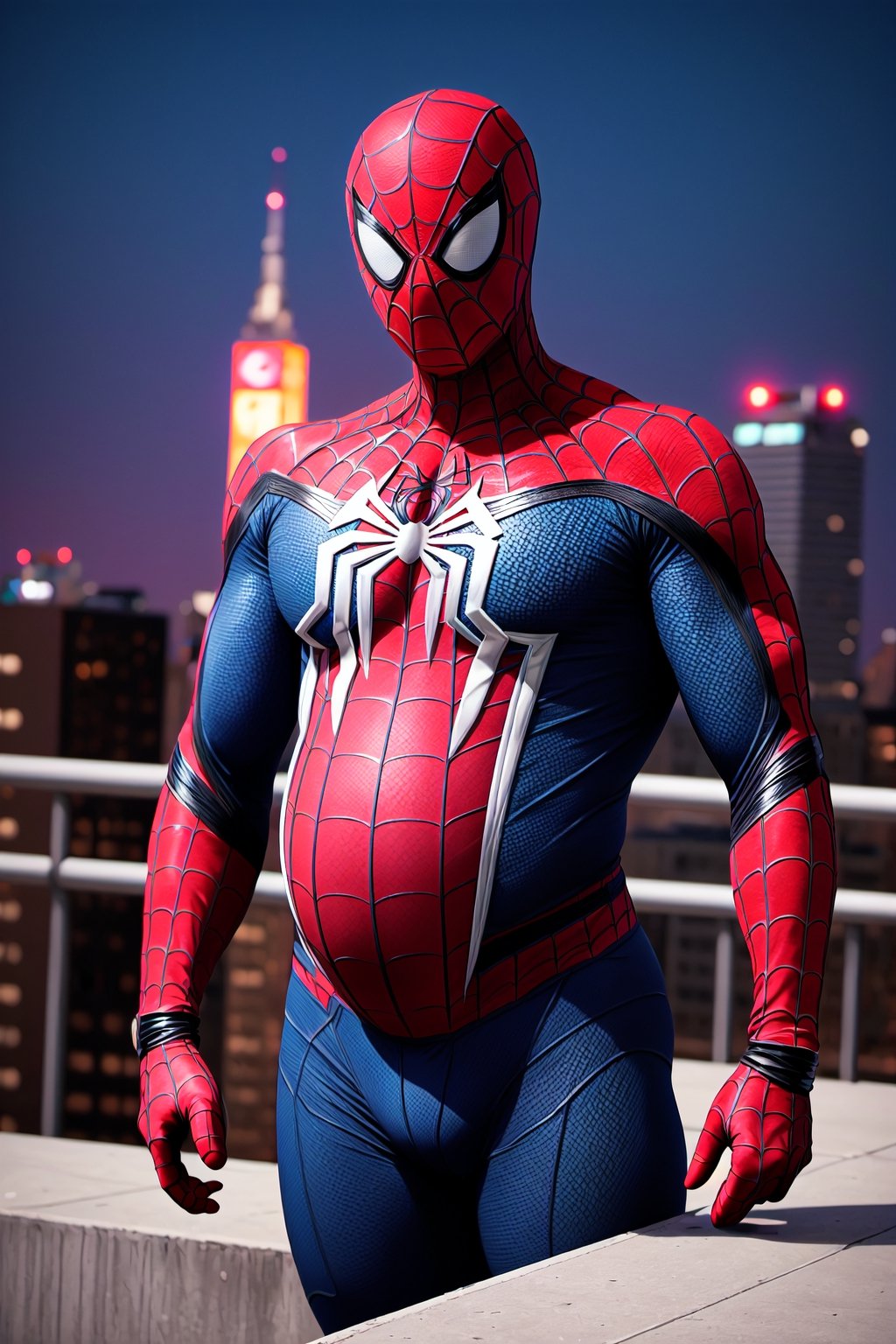 Spider-Man, Spider-Man, Male, 1boy, Age: 25 years Height: Medium (about 1.75 meters). outdoors, standing, on_rooftop, new_york_skyline, skyline_background, midnight, nighttime , provacative_pose, sexy, hyper_bulge, crotch_bulge,man_boobs, manboobs, mobs,spider-man costume, Spider-Man_suit, masked, mask_on, faceless, man_boobs, moobs, manboobs, round_belly, large_belly, belly_inflation, muscle_gut, big_belly, round_belly, looks_pregnant, Mpreg,male_pregnant, very_pregnant, pregnant_belly,  knocked_up, gravid, hyper_belly, gut, belly, overweight_male,superchub, clothed, 