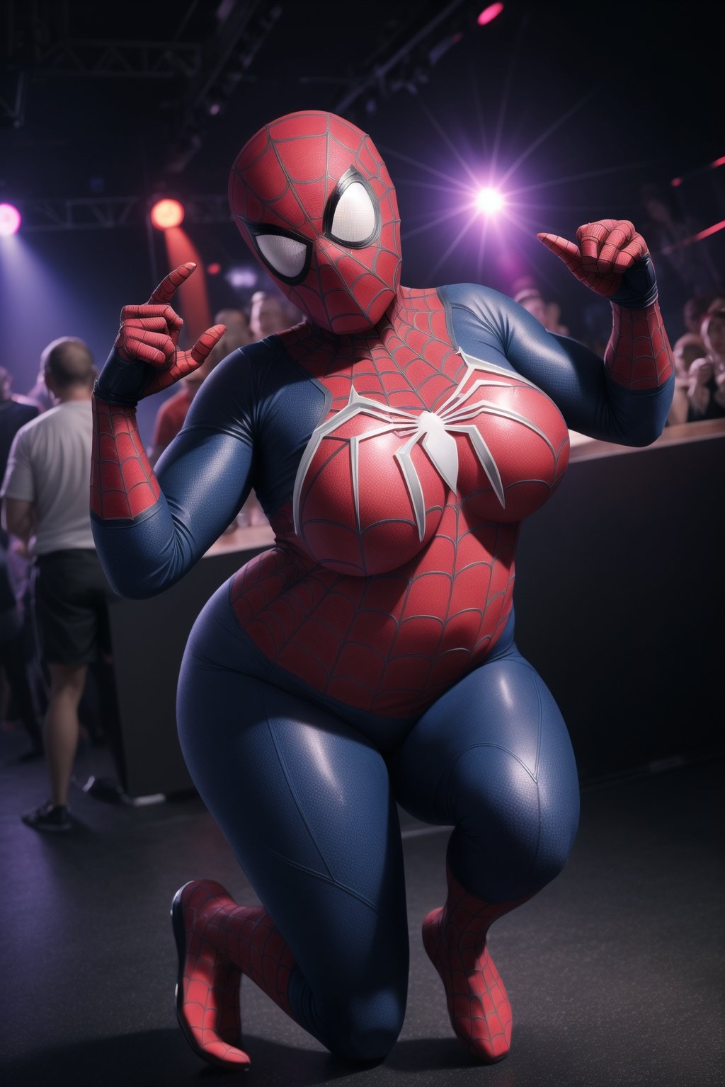Solo, Spider-Man, Spider-Man, 1_girl, female, Age: 20 years Height: Medium  , indoors, provacative_pose, sexy,spider-man_costume, Spider-Man_suit, faceless, oversized_breasts, huge_boobs, chubby_female,perfect_hands, viewed_from_front, no_face, Spider-Man_mask, shaved_head, covered_face, covered_eyes, dancing, nightclub, night_club,  eyes_covered, hairless, no_hair, on_stage, full_body,spider-man_costume, chubby_female, weight_gain, fattening, overweight, plump, obese, obese_female,chubby_girl, perfect_hands,