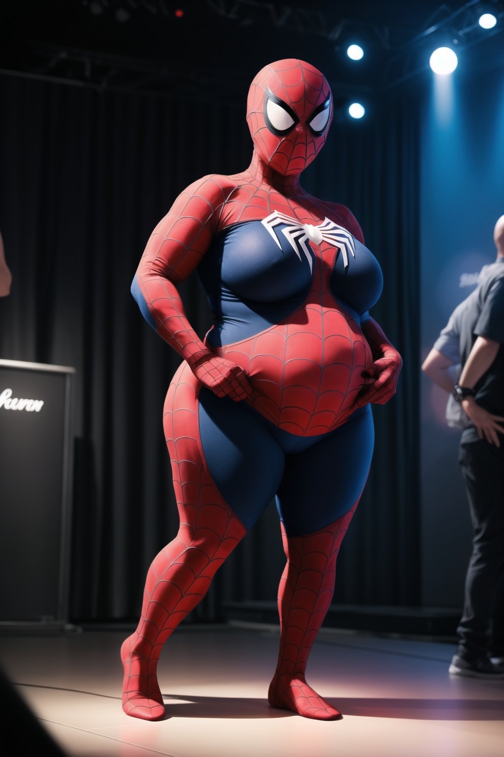 Solo, Spider-Man, Spider-Man, 1_girl, female, Age: 20 years Height: Medium  , indoors, provacative_pose, sexy,spider-man_costume, Spider-Man_suit, faceless, oversized_breasts, huge_boobs, chubby_female,perfect_hands, viewed_from_front, no_face, Spider-Man_mask, shaved_head, covered_face, covered_eyes, dancing, nightclub, night_club,  eyes_covered, hairless, no_hair, on_stage, full_body,spider-man_costume, chubby_female, weight_gain, fattening, overweight, plump, obese, obese_female,chubby_girl, perfect_hands,