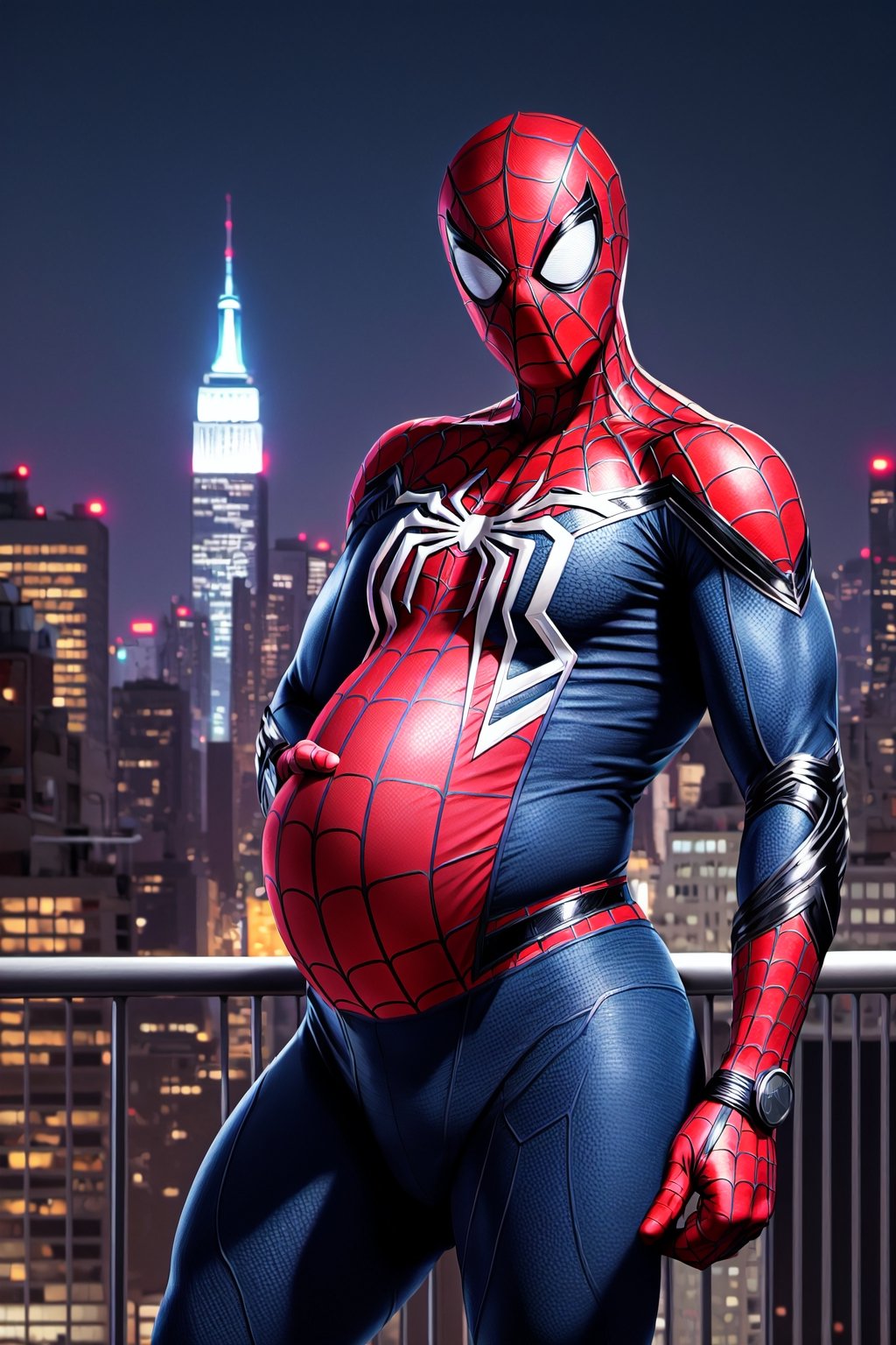 Spider-Man, Spider-Man, Male, 1boy, Age: 25 years Height: Medium (about 1.75 meters). outdoors, standing, on_rooftop, new_york_skyline, skyline_background, midnight, nighttime , provacative_pose, sexy, hyper_bulge, crotch_bulge,man_boobs, manboobs, mobs,spider-man costume, Spider-Man_suit, masked, mask_on, faceless, man_boobs, moobs, manboobs, round_belly, large_belly, belly_inflation, muscle_gut, big_belly, round_belly, looks_pregnant, Mpreg,male_pregnant, very_pregnant, pregnant_belly,  knocked_up, gravid, hyper_belly, gut, belly, overweight_male,superchub, clothed, 