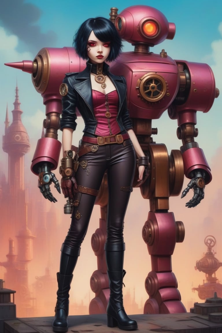 red cartoon character. Vampy is ((12 years old))) and is a vampire girl. She has ((((short black hair, (((bob haircut)))) and red eyes. (pink skin). She is gothic. dark costume. pants.
(((Vampy, a steampunk mecha pilot standing on the shoulder of her mecha | I can't believe how beautiful this is --stylize 300 --ar 1:2)))
Ultra-high detail, All styles of Craola artists. Dan Mumford, Andy Kehoe and Luis Royo, with a double exposure effect on cracked paper texture and vibrant colors