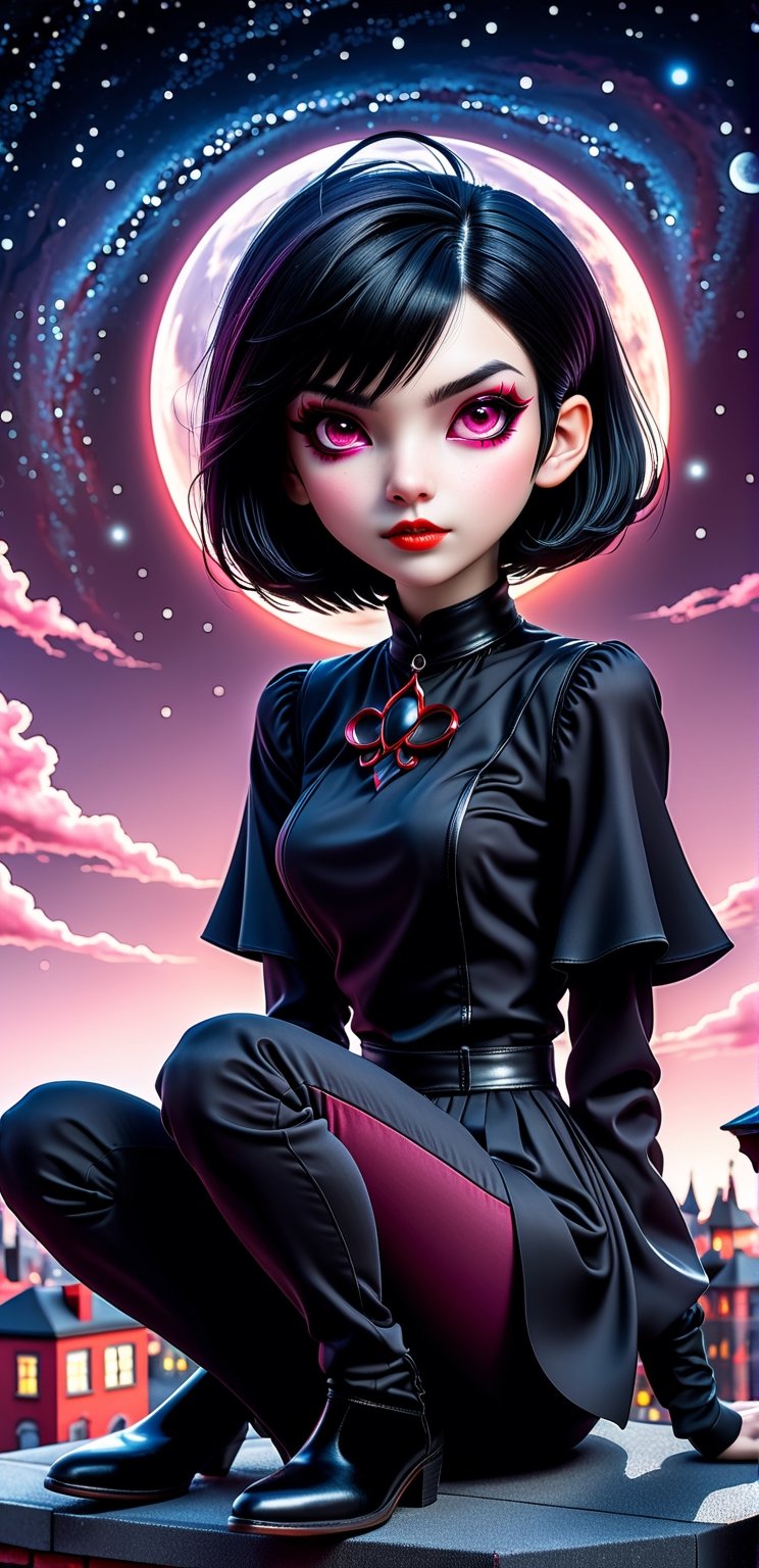 red cartoon character. Vampy is a (((13 years))) old and is a vampire girl. She has ((((short black hair, (((bob haircut)))), and red eyes. (pink skin), She is gothic, modern dark costume.
((best quality)), ((masterpiece)), high resolution, photo Vampy, gloomy. detailed face, side view, sitting on the roof of a wide dome, overlooking the skyline of the town of Monsterville, panoramic view of the camera, detailed night sky full of stars 2/3 frame, UHD, 8K, studio lighting, perfect composition, perfect lighting. Ultra-high detail, detailed starry sky.
​​All styles of artists Craola. Dan Mumford, Andy Kehoe and Luis Royo, featuring a double exposure effect on the texture of cracked paper, and vibrant color