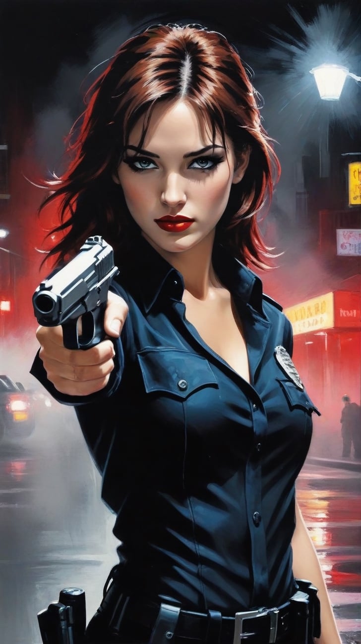 a beautiful police girl \(LAPD\),20yo,holding a handgun \(FN 509 MRD-LE\),hot summer,chasing a suspect at night,dark,fog,strobe lights BREAK 
Frank Miller's Sin City style,acrylic painting,trending on pixiv fanbox,palette knife and brush strokes,art_booster, chiaroscuro lighting,perfect hands