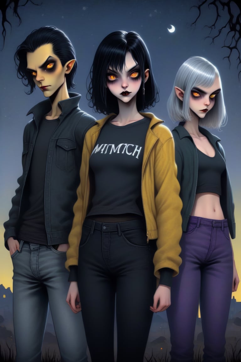 THREE (3) friends: two girls and a young man: in the middle of the three is Vampy (((a 16-year-old vampire girl ((SHE HAS SHORT BLACK HAIR, A BOB CUT. She is goth, wears((( black jeans))), a t-shirt and a jacket)))))). On the right is Wanda, ((((a 16-year-old witch girl ((SHE HAS LONG SILVER HAIR that falls over her shoulders. Her eyes are bright. Her clothes are emerald, with some touches of red and purple.) , shirt, long skirt and sneakers))). On the left is Jimmy,(((( a 16-year-old jimmy is a LICANTROPE boy  ((he has BLACK HAIR AND YELLOW EYES)))). Ultra high detail, detailed starry sky. ALL rendered in the distinctive styles of artists Craola, Dan Mumford, Andy Kehoe and Luis Royo. (((!!!!!!!THREE FRIENDS!!!!!!!!!))) (((Vampy SHORT BLACK HAIR))). (((Wanda LONG SILVER HAIR))). (((JIMMY SHORT GRAY HAIR))) . PANTS