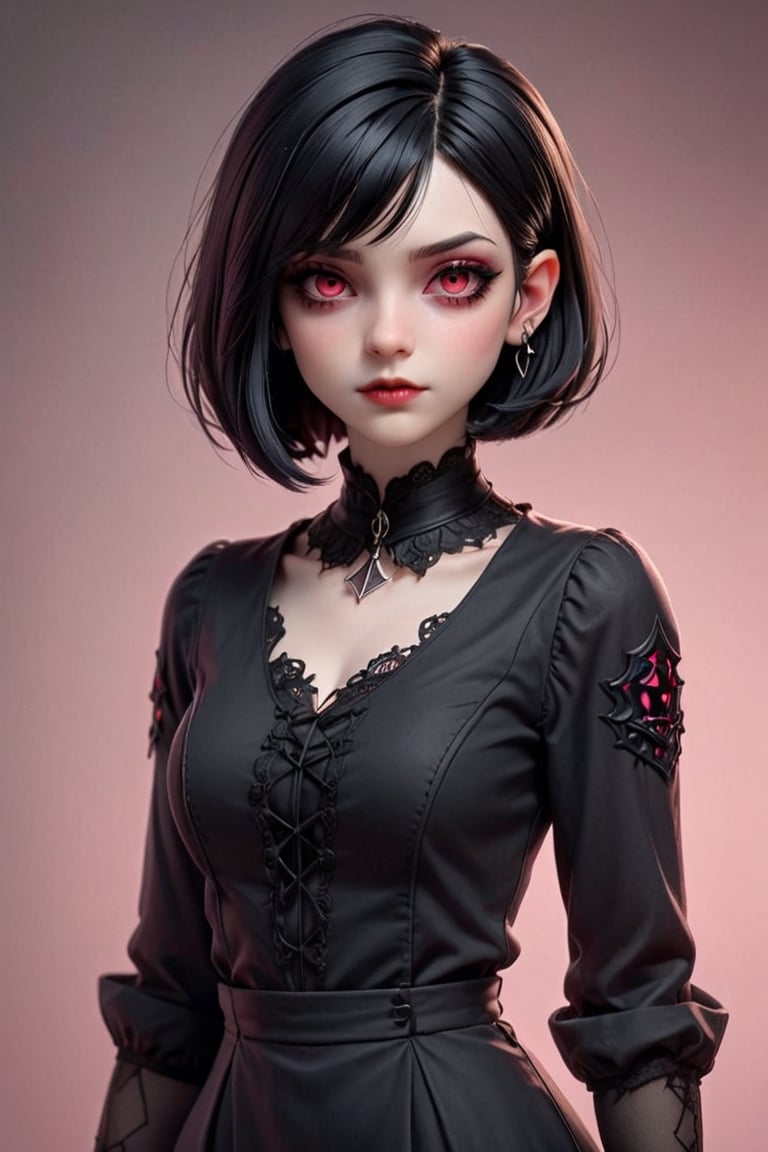 red cartoon character. Vampy is (((15 years old))) and is a vampire girl. She has ((((short black hair, (((bob haircut)))) and red eyes. (pink skin). She is goth and has a dark suit. ((best quality)), ((masterpiece)), high resolution, Vampy, gloomy photo.