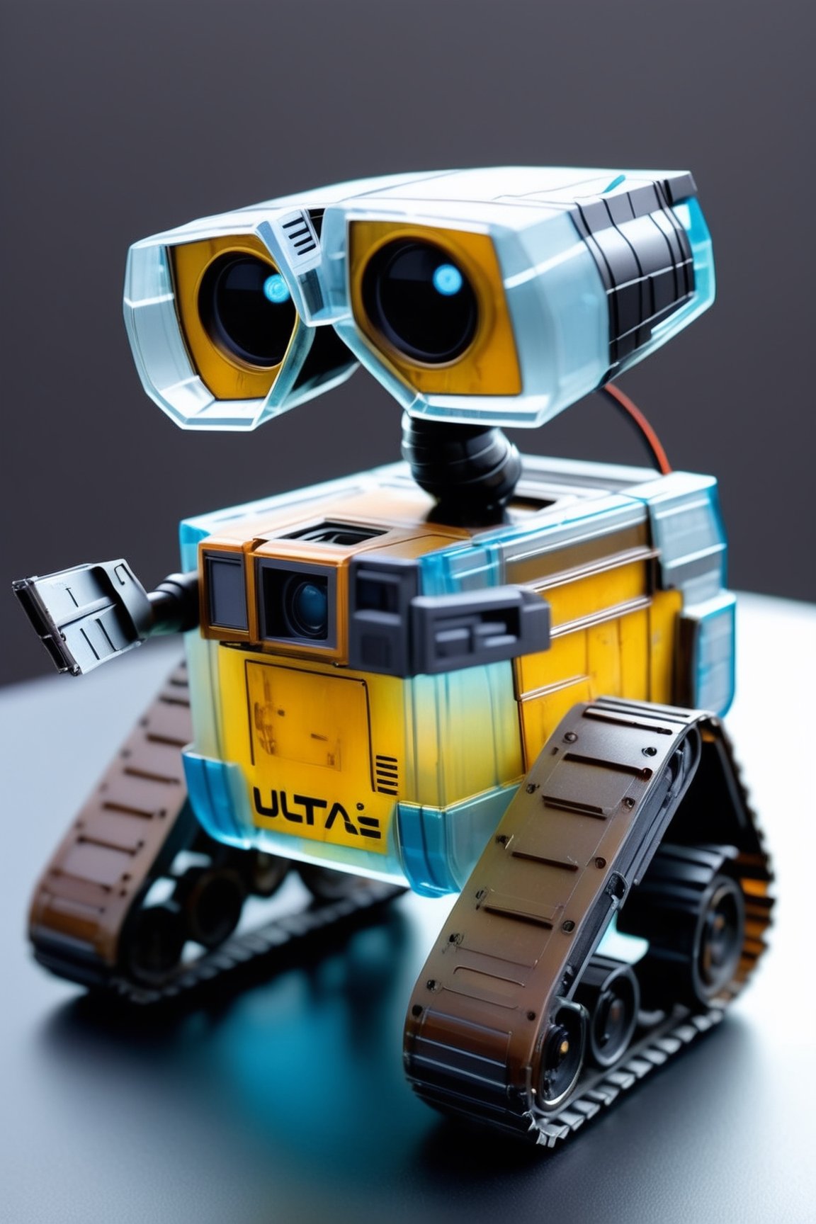 Glass made ultra Detailed translucent Wall-E, designer toy,cyberpunk style,cyberpunk