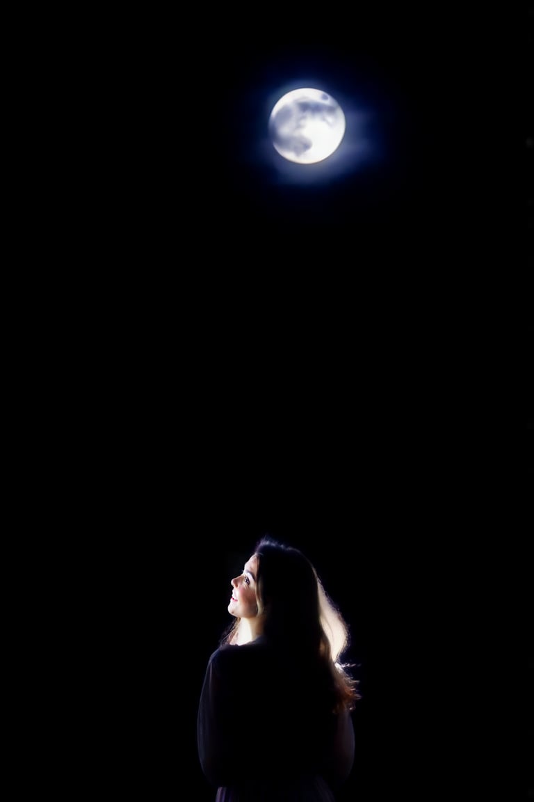 a girl looking at the horizon, in a beautiful night, soft moonlight, rays of moonlight, starlit sky, serene atmosphere, gentle breeze in the air, subtle colors, natural beauty, silhouette of trees, dreamy ambiance, peaceful, calm, reflective, deep thoughts, loneliness, tranquility, inner emotions, faint shadows, mystery, serene expression, soft glow, nighttime scenery, crisp air, nighttime solitude, whispers of night, ethereal atmosphere