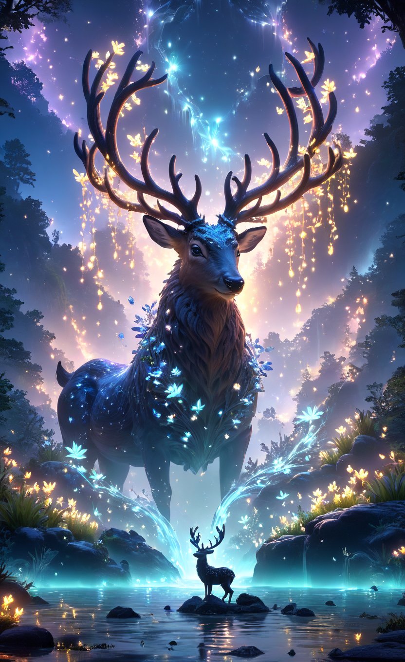 (best illustration), (best shadow), glowing elf with a glowing deer, drinking water in the pool, natural elements in forest theme. Mysterious forest, beautiful forest, nature, surrounded by flowers, delicate leaves and branches surrounded by fireflies (natural elements), (jungle theme), (leaves), (branches), (fireflies), (particle effects) and other 3D, Octane rendering, ray tracing, super detailed ,deer