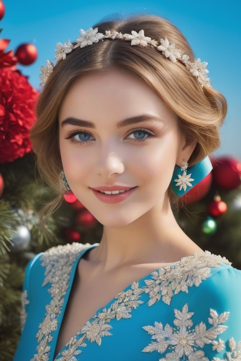 1girl, Beautiful eyes, detailed eyes, big eyes, grin, fine face,christmas party outfit //Fashion (Georges Hobeika :1.3), //Background Beautiful blue sky, calm sunshine, flower garden