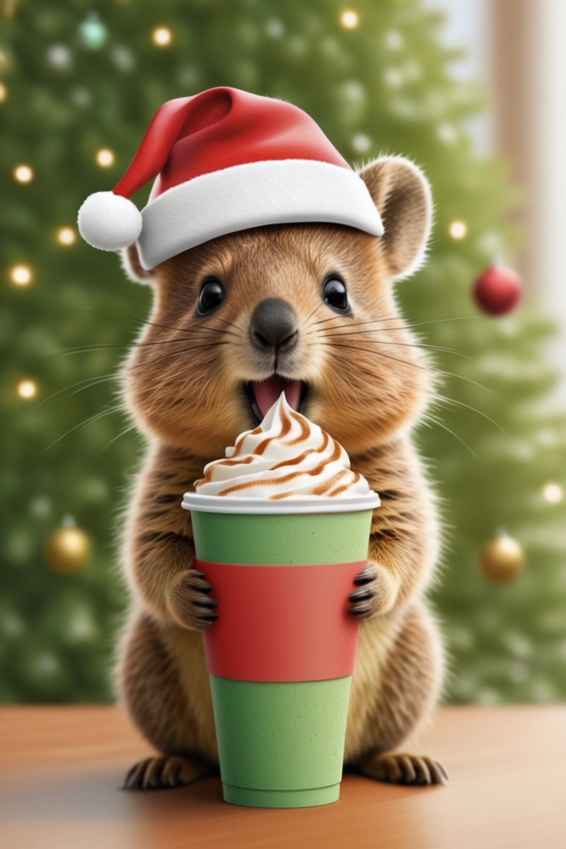 A detailed illustration of a print of a cute quokka standing under Christmas tree and it wear Santa hat drinking cup of frappuccino, Christmas theme, hyper realistic high quality, t-shit desing graphic, vector, carton, contour, fantasy swirls splash, modern t-shirt design, in the style of Studio Ghibli, light white red and green pastel tetradic colors, 3D vector art, cute and quirky, fantasy art, watercolor effect, bokeh, Adobe Illustrator, hand-drawn, digital painting, low-poly, soft lighting, birds-eye view, isometric style, retro aesthetic, focusedon the character, 4K resolution, photorealistic rendering, usingCinema 4D