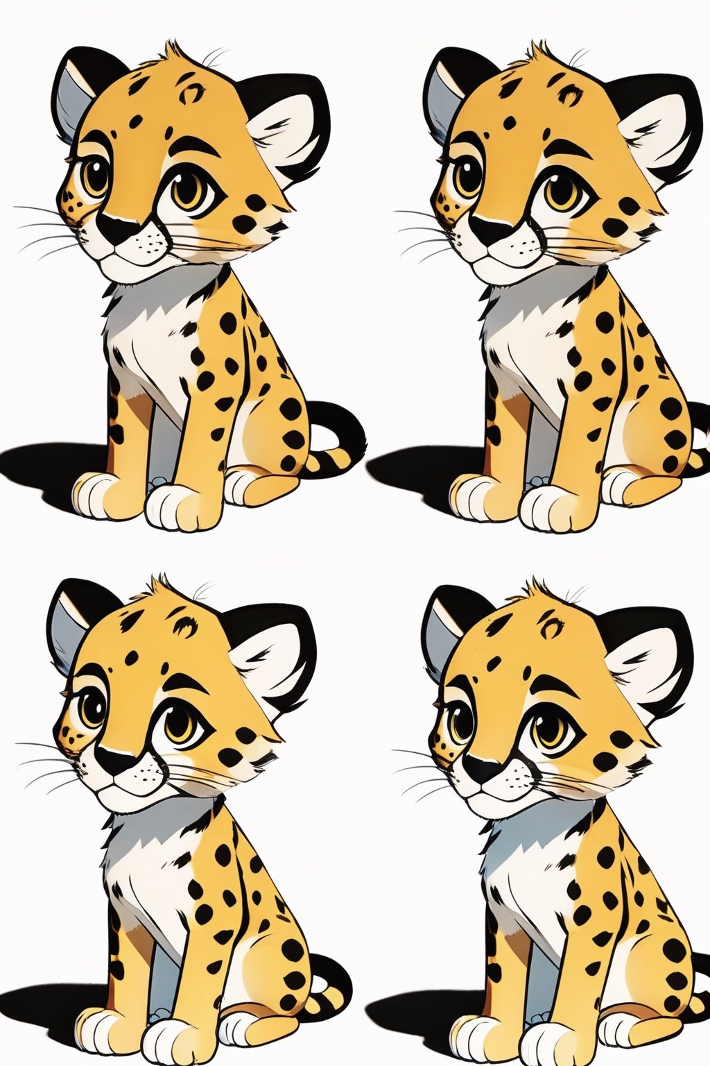 Create a character sheet with studio ghibli animation for cheetah cub. Not looking like human. Sits on his feet. Mischievous look