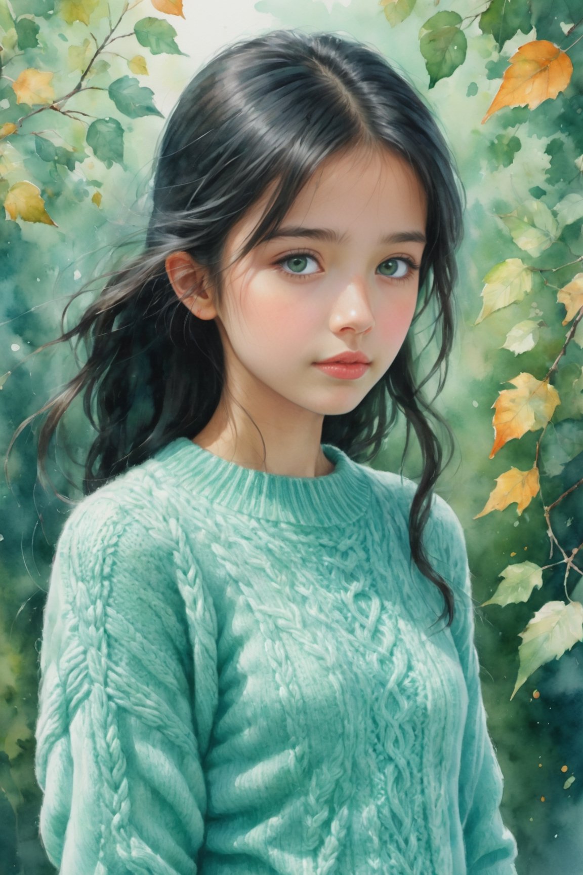 a watercolor painting of a young girl,blackhair,cute,cable knit sweater aqua green,concept art,shutterstock contest winner,white bg,autumn overgrowth,alexey egorov,profile picture,highly detailed -,🍁 cute,rob mcnaughton,degradation,album art,bags under eyes