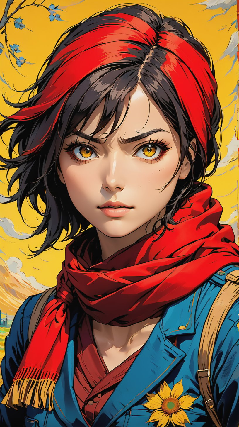 mikasa ackerman in the style of vincent van gogh, portrait, aggresive, extreme detail, anime, wearing a red scarf, yellow background