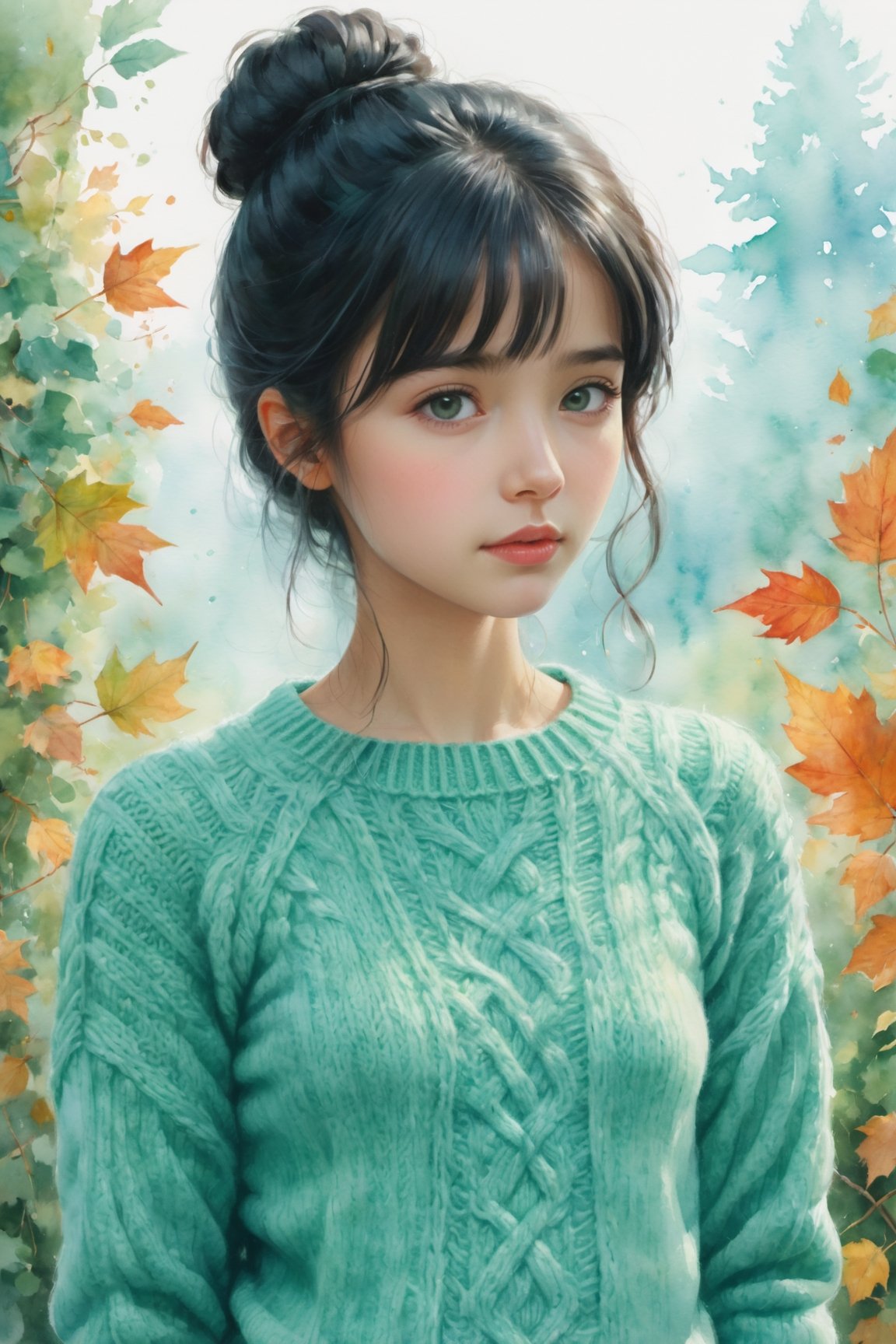 a watercolor painting of a young girl,blackhair,cute,cable knit sweater aqua green,concept art,shutterstock contest winner,white bg,autumn overgrowth,alexey egorov,profile picture,highly detailed -,🍁 cute,rob mcnaughton,degradation,album art,bags under eyes