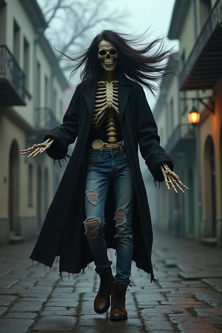 Skeleton,long hair top floating, wearing a black metal robe style with ripped jeans, boots, doing breakdance style, scary and old city atmosphere creepy,
 