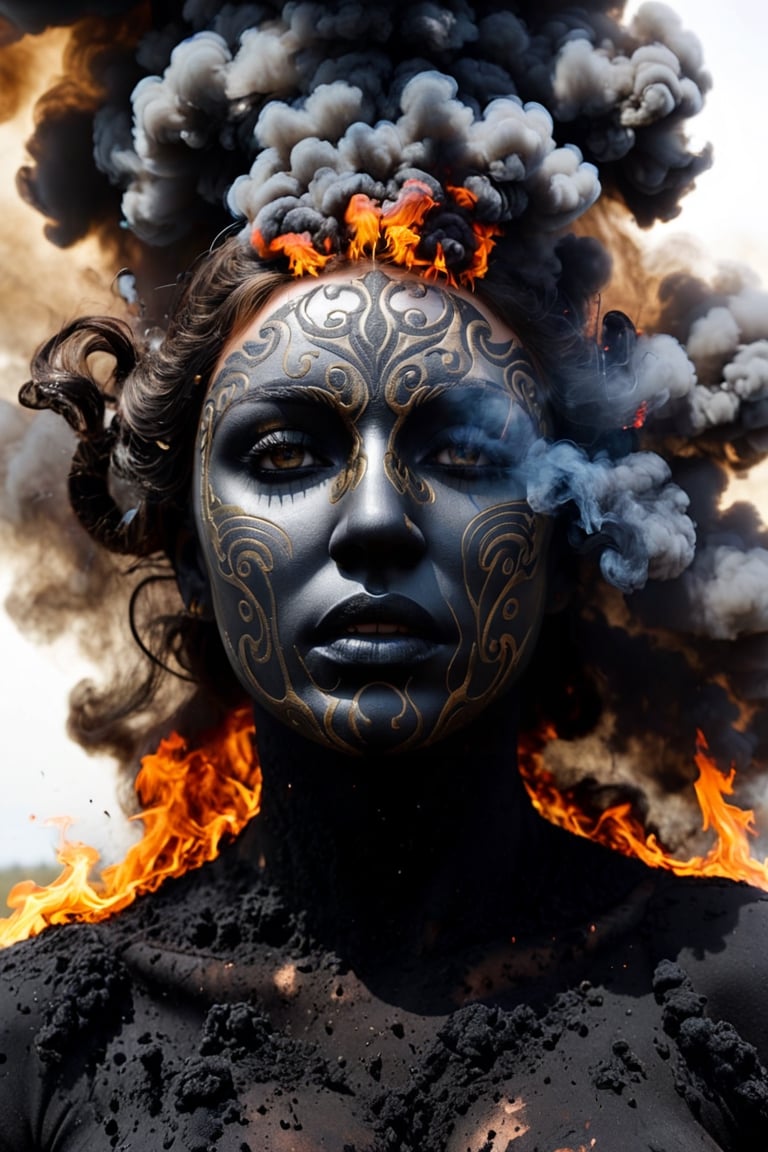 Double-masking photography, an angry goddess formed from the smoke of a 2005 dodge ram slt cummins pickup truck, goddess Earth crying, from the smoke exits a 2005 dodge ram slt cummins pickup truck , black smoke, fire, acid rain, by Dan Mountford, by Dan Hillier, negative space, intricate details, photo illustration, 100 mm lens, cinematic scenes, ink art