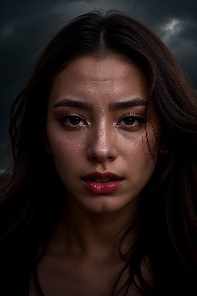 1 woman, close-up, screaming, glowing smoke eyes, in the middle of a storm, long hair whipping around, rain and lighting, 4K, Niji style